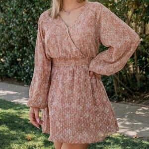 Rokoko by Dazz NWOT Boutique Pink Textured Floral Autumn Long Sleeve Mini Dress